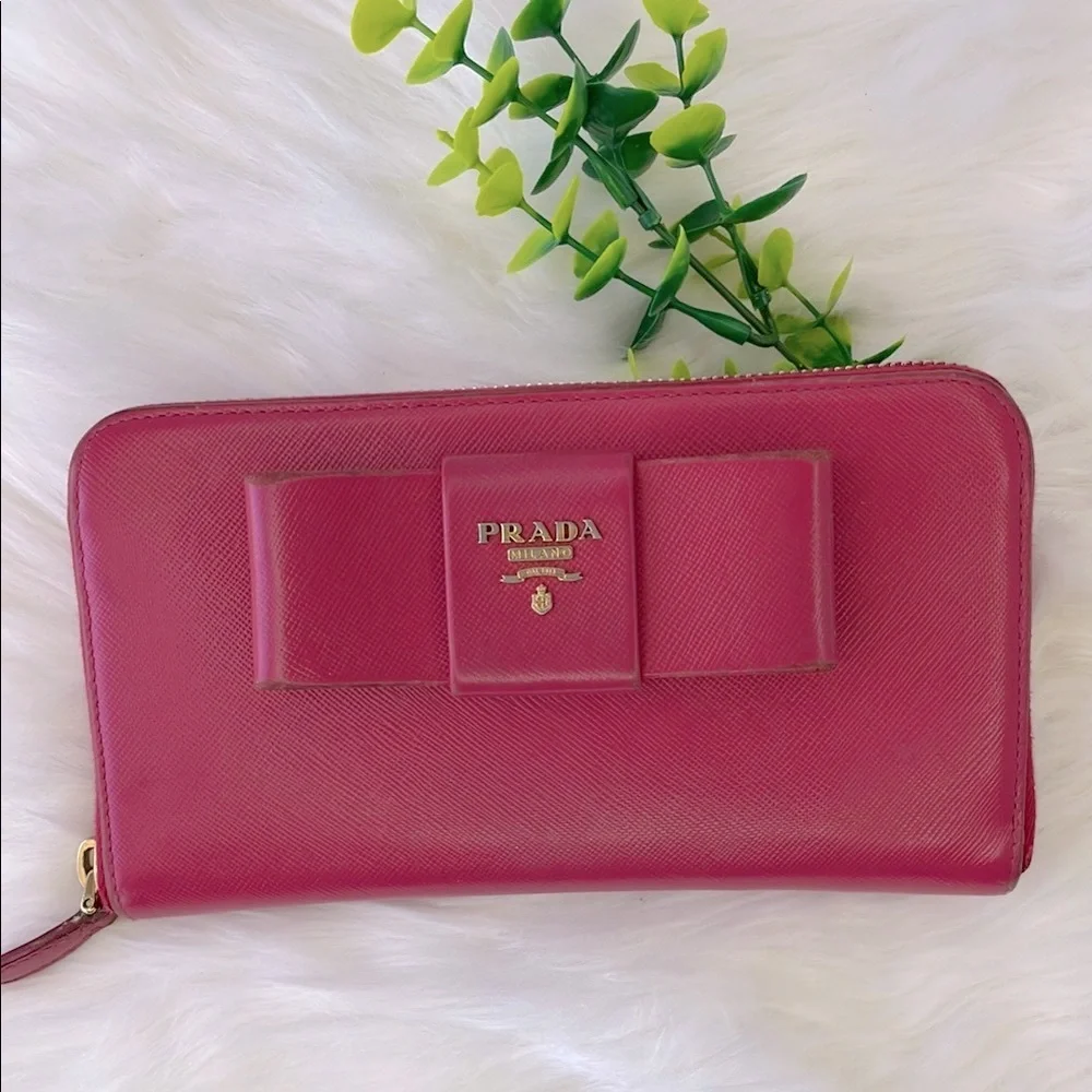 Prada Pink Leather‎ Zippy Long Wallet with Bow